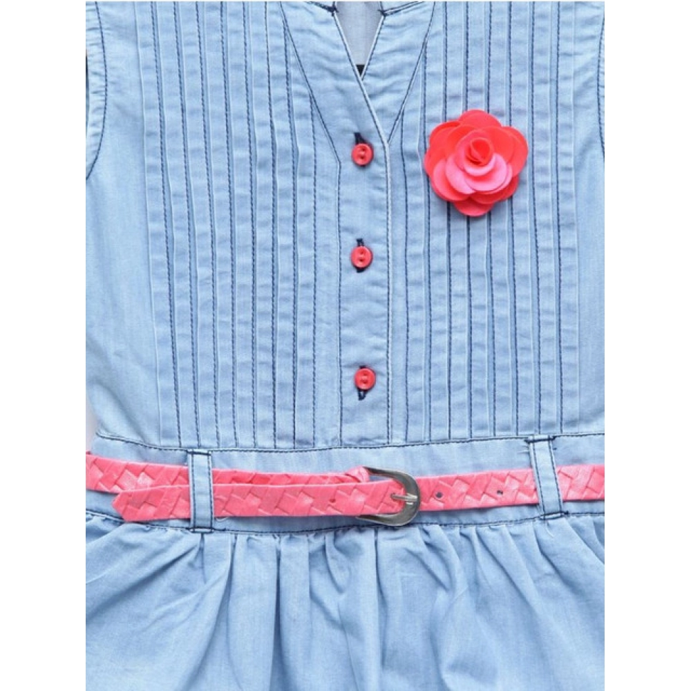 Girl's Denim Embellished Sleeveless Dress with Belt (Light Blue) - Image 3