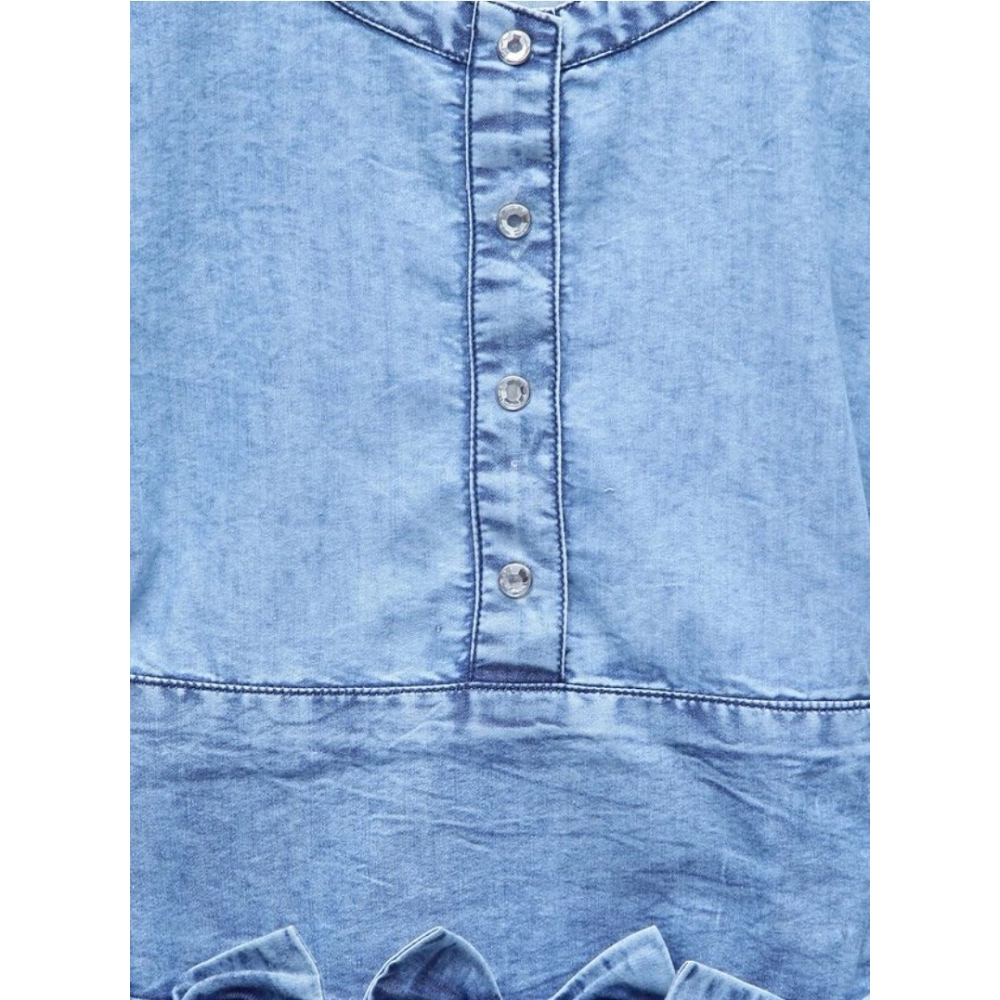 Girl's Denim Embellished Cap Sleeve bow Dress (Light Blue) - Image 3