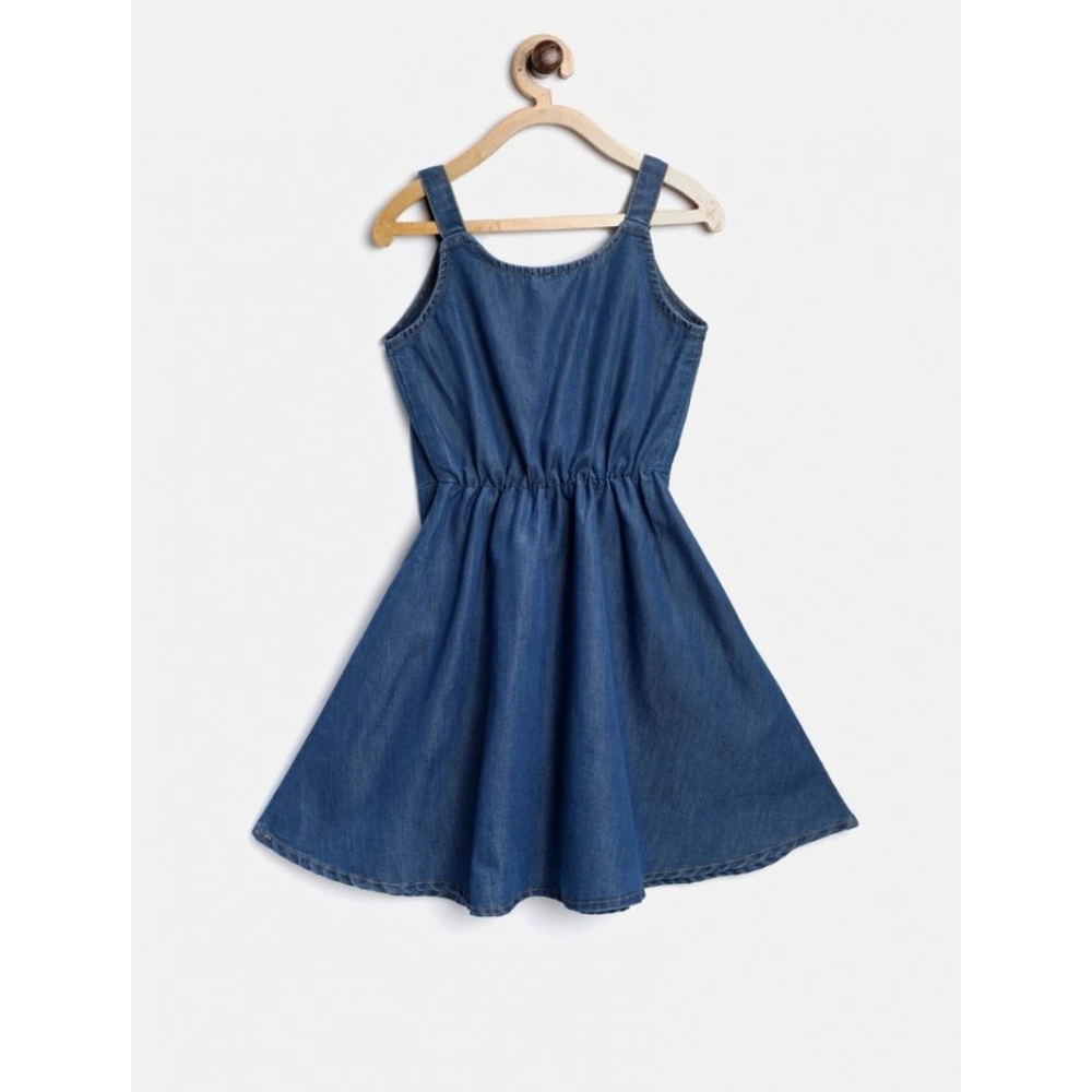 Girl's Denim Printed Short Sleeve Dress with Straps (Blue) - Image 4