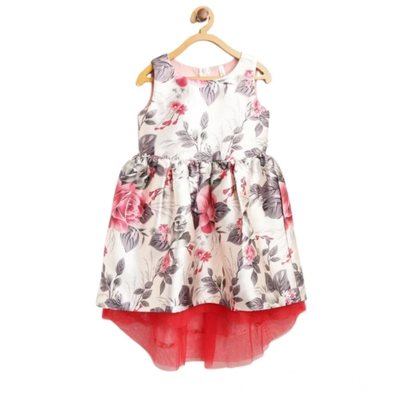 Girl's Polyester & Net Inset Sleeveless Dress with Net Inset (Off White)