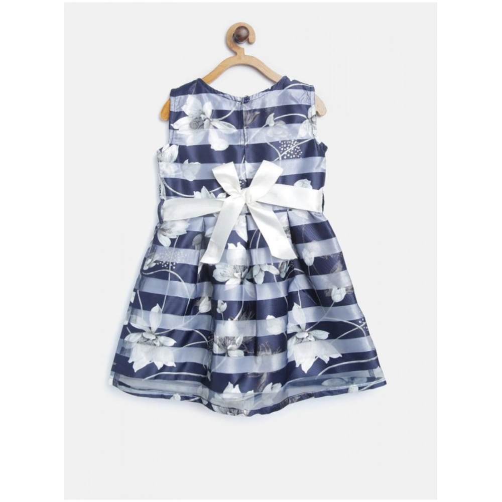 Girl's Polyester Striped Sleeveless Dress (Navy Blue) - Image 4