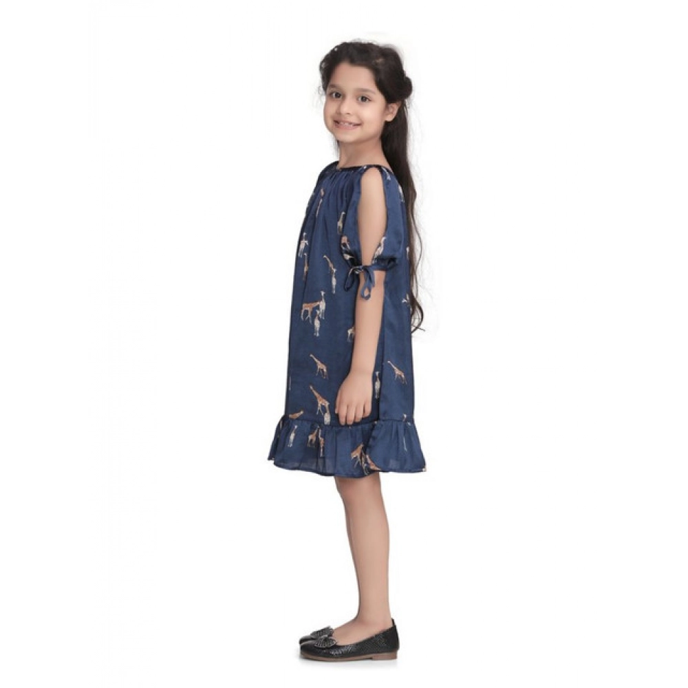 Girl's Satin Animal Print Sleeveless Dress (Blue) - Image 4