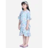 Girl's Polyester Crepe Floral Bell Sleeve Dress (Turquoise Blue)