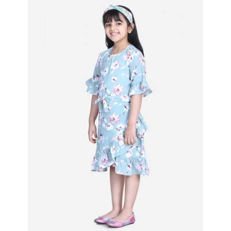 Girl's Polyester Crepe Floral Bell Sleeve Dress (Turquoise Blue)