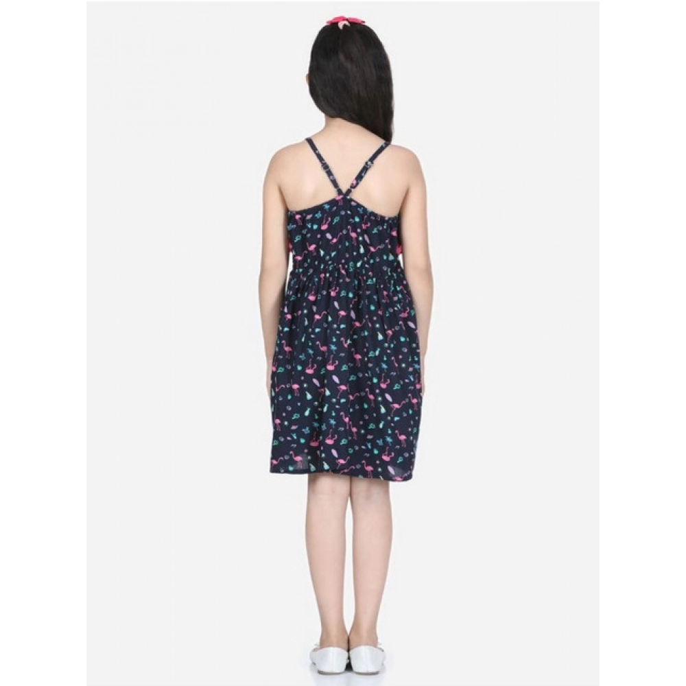 Girl's Rayon Flamingo Print Sleeveless Dress (Black) - Image 4