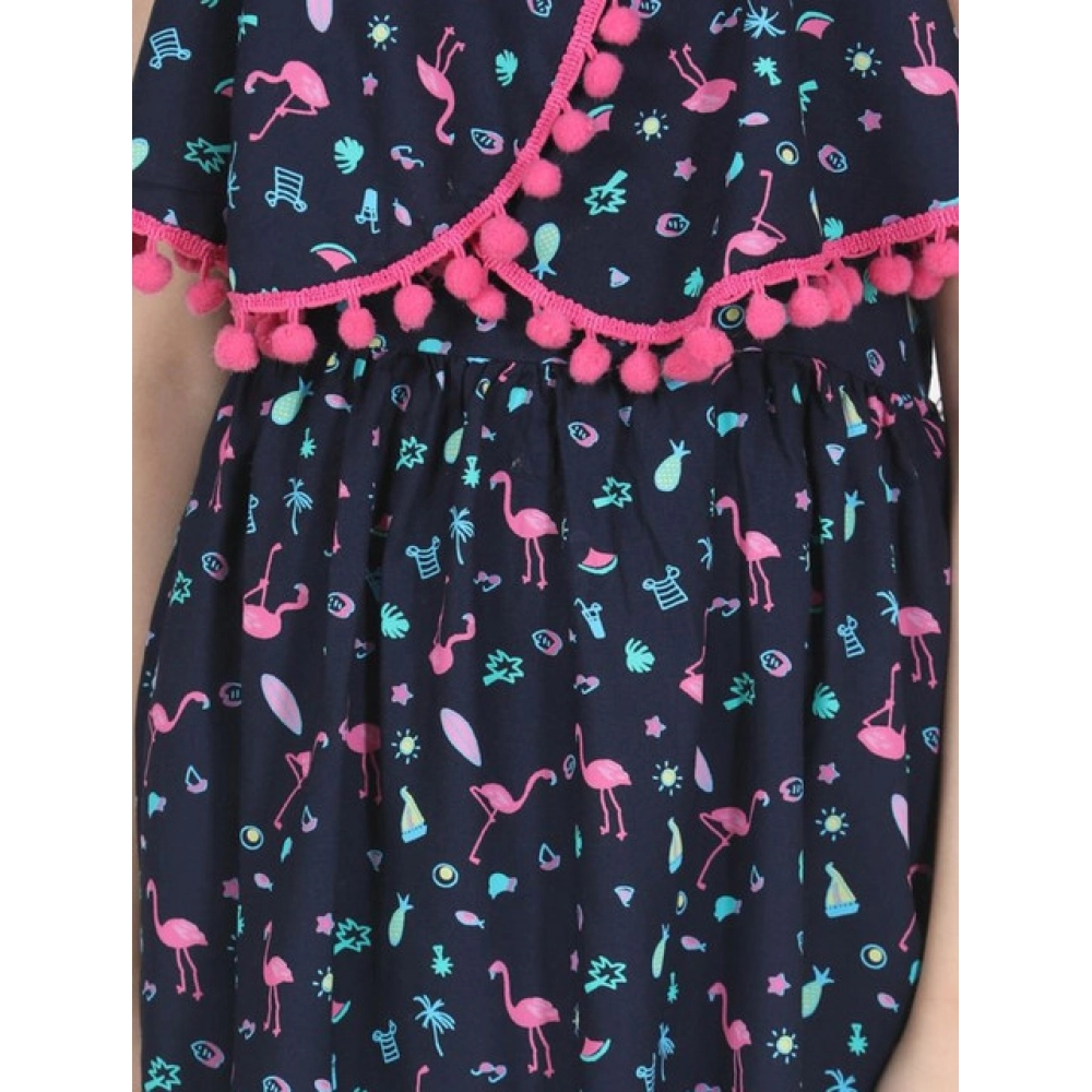 Girl's Rayon Flamingo Print Sleeveless Dress (Black) - Image 3