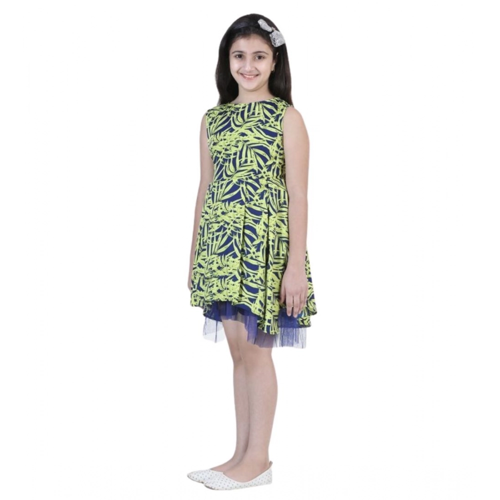 Girl's Polyester Crepe & Net Printed Sleeveless Dress (Yellow-Blue) - Image 5