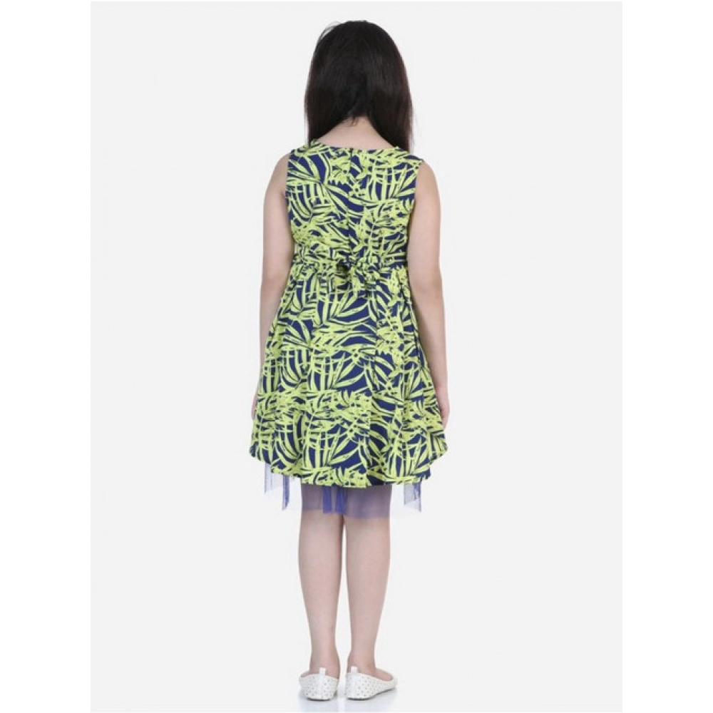Girl's Polyester Crepe & Net Printed Sleeveless Dress (Yellow-Blue) - Image 4