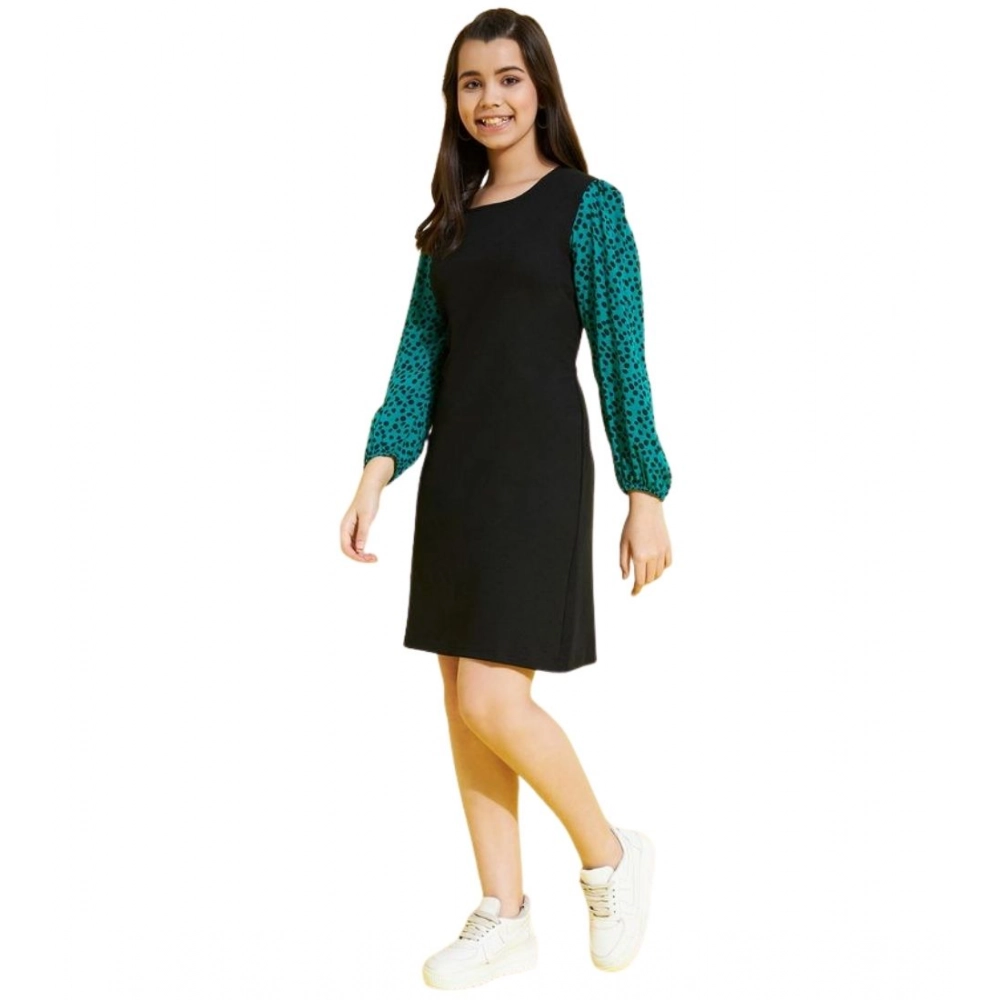 Girl's Polyester Printed Long Sleeves Dress (Black-Green) - Image 5