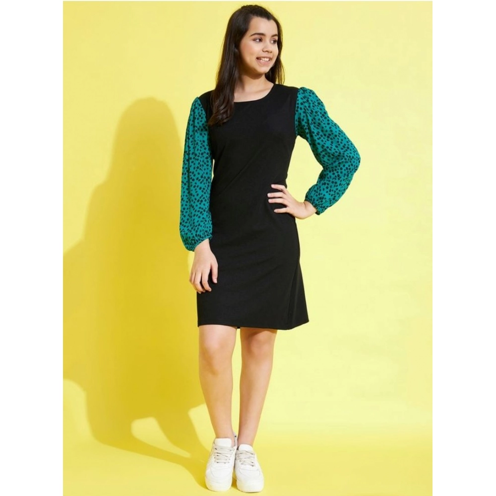 Girl's Polyester Printed Long Sleeves Dress (Black-Green) - Image 4