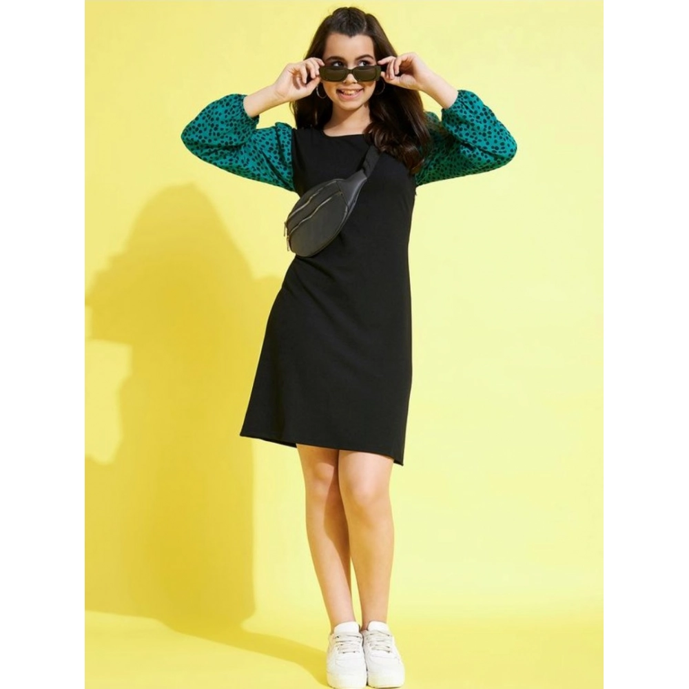 Girl's Polyester Printed Long Sleeves Dress (Black-Green) - Image 3
