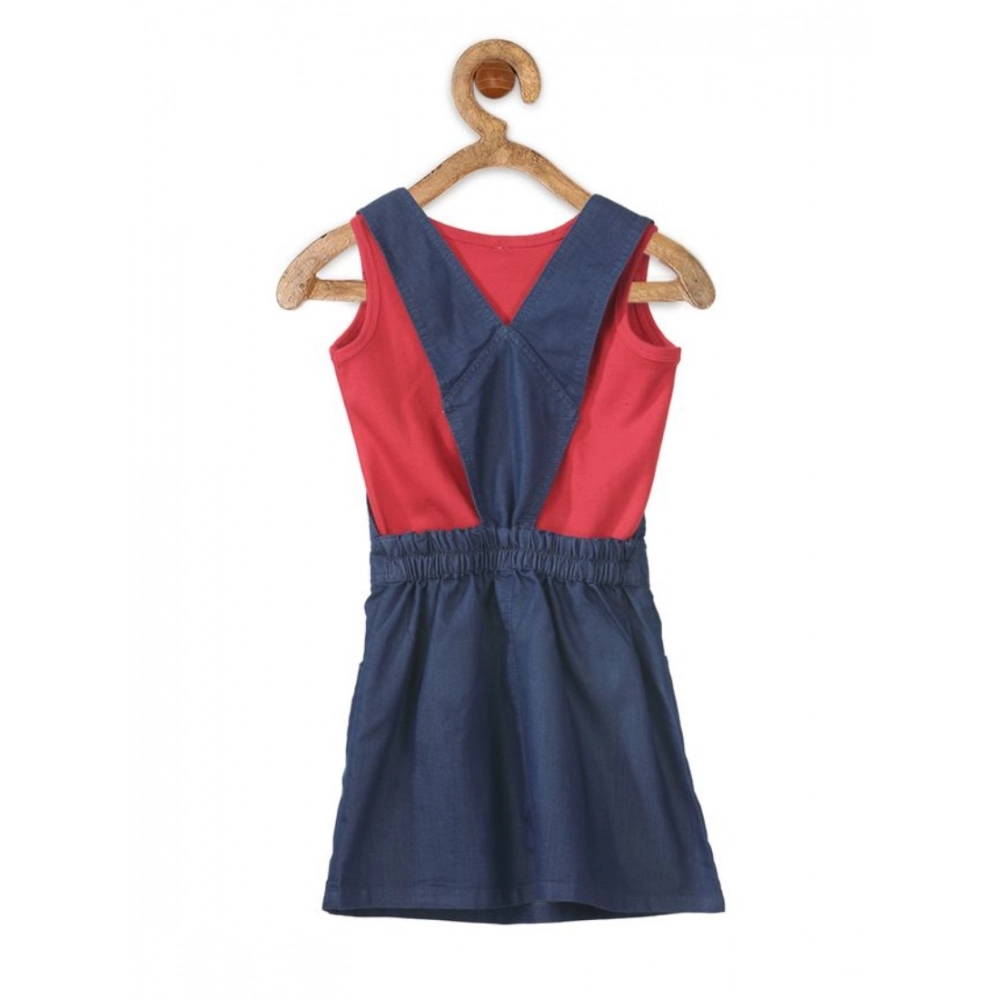Girl's Denim & Cotton Bow Sleeveless Dungaree (Red) - Image 4