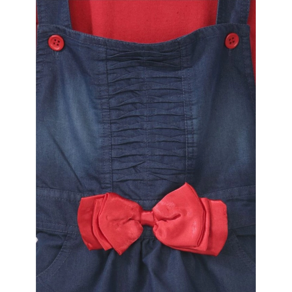 Girl's Denim & Cotton Bow Sleeveless Dungaree (Red) - Image 3
