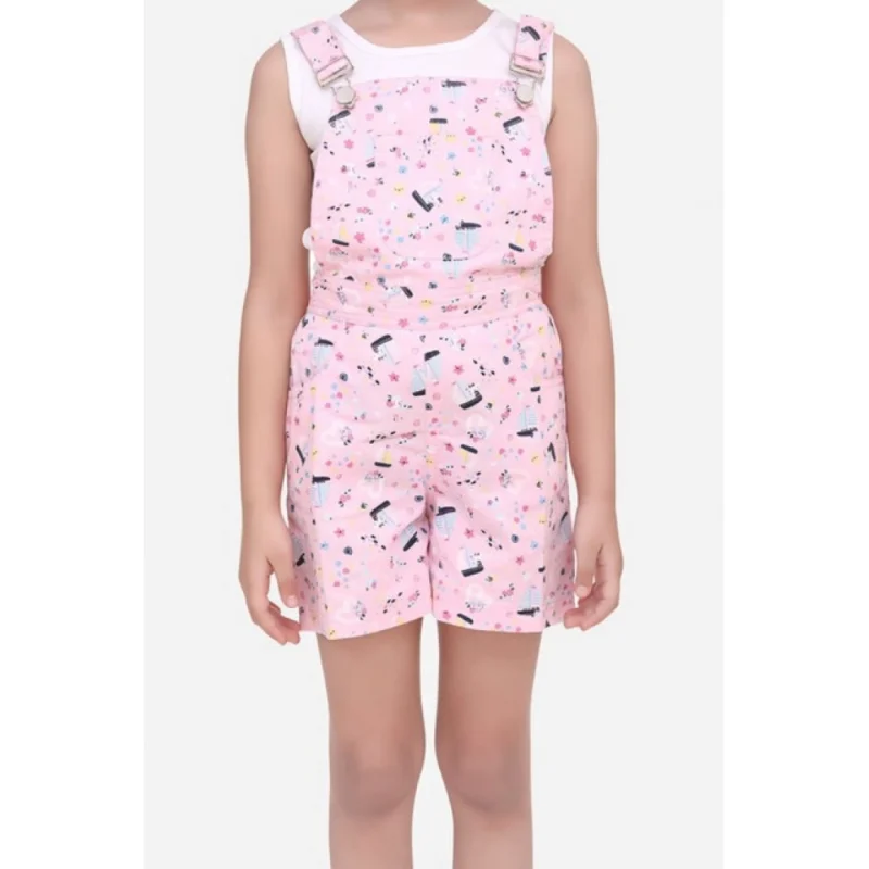 Girl's Inner- Cotton Printed Sleeveless Dungaree (Light Pink)