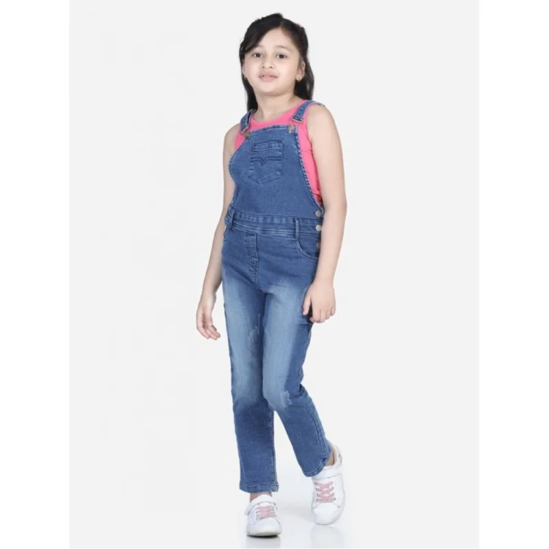 Girl's Denim Washed Buttoned Dungaree (Blue)