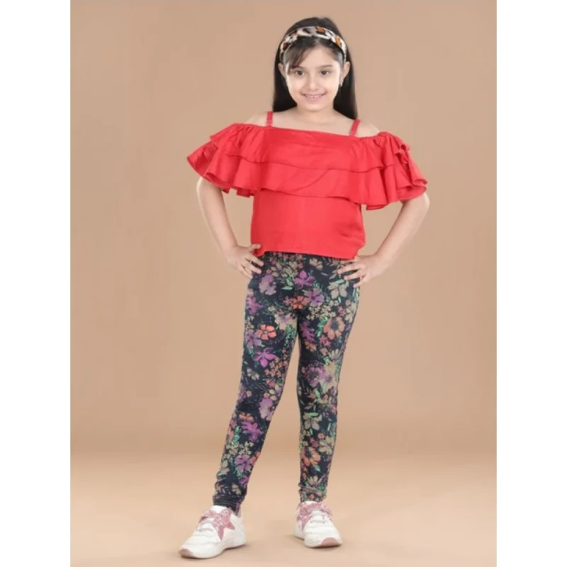 Girl's Cotton Lycra Floral Elasticated Jeggings (Multicolor)