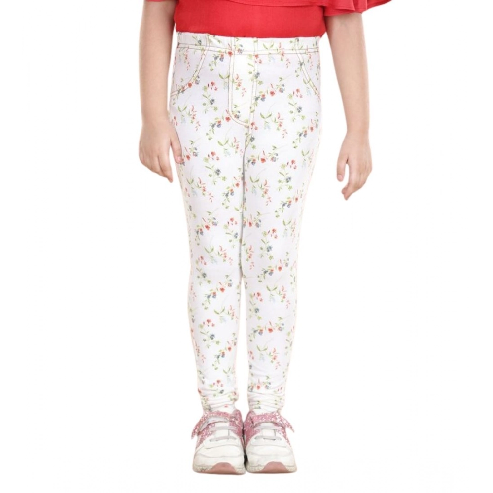 Girl's Cotton Lycra Floral Elasticated Jeggings (White-Green) - Image 5