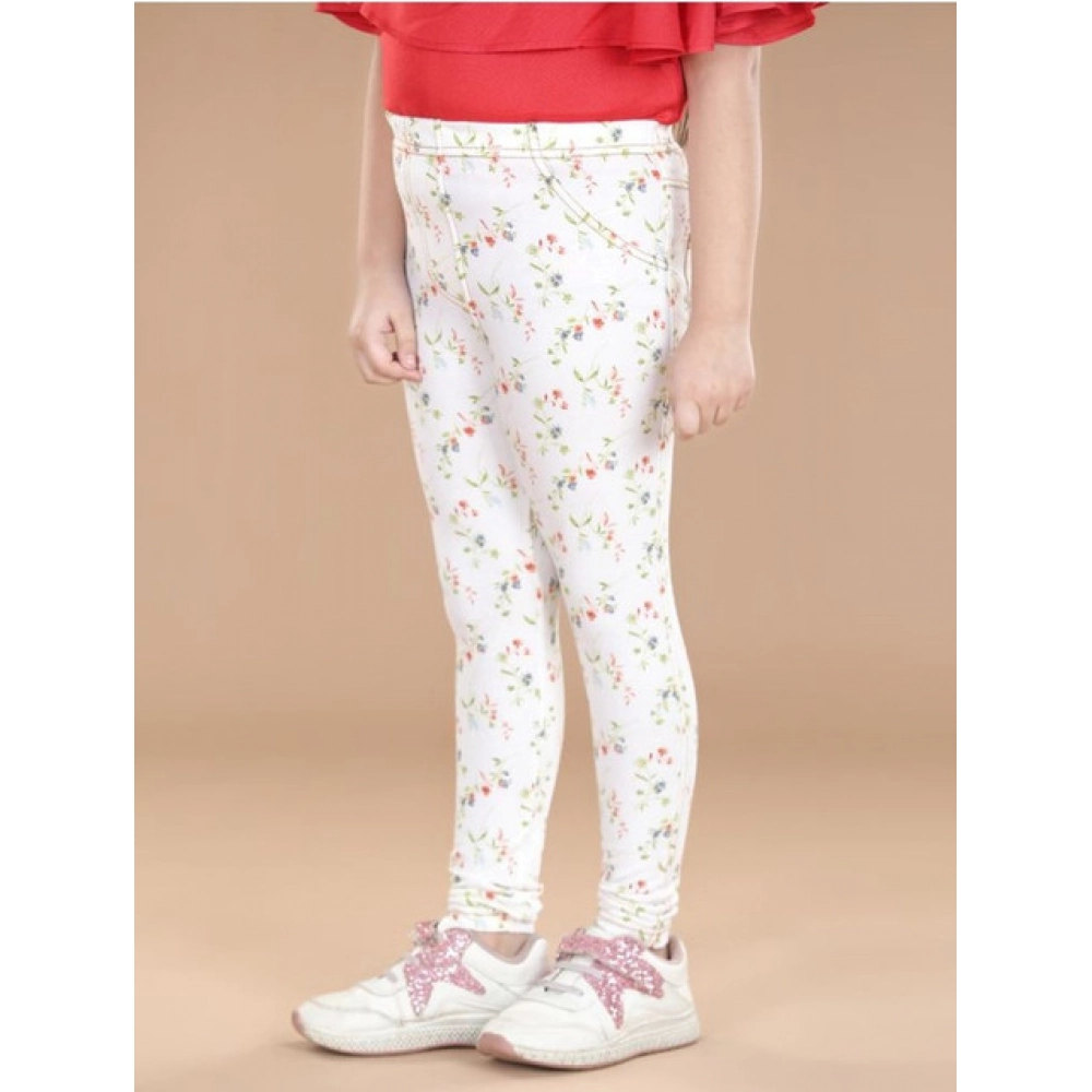 Girl's Cotton Lycra Floral Elasticated Jeggings (White-Green) - Image 4