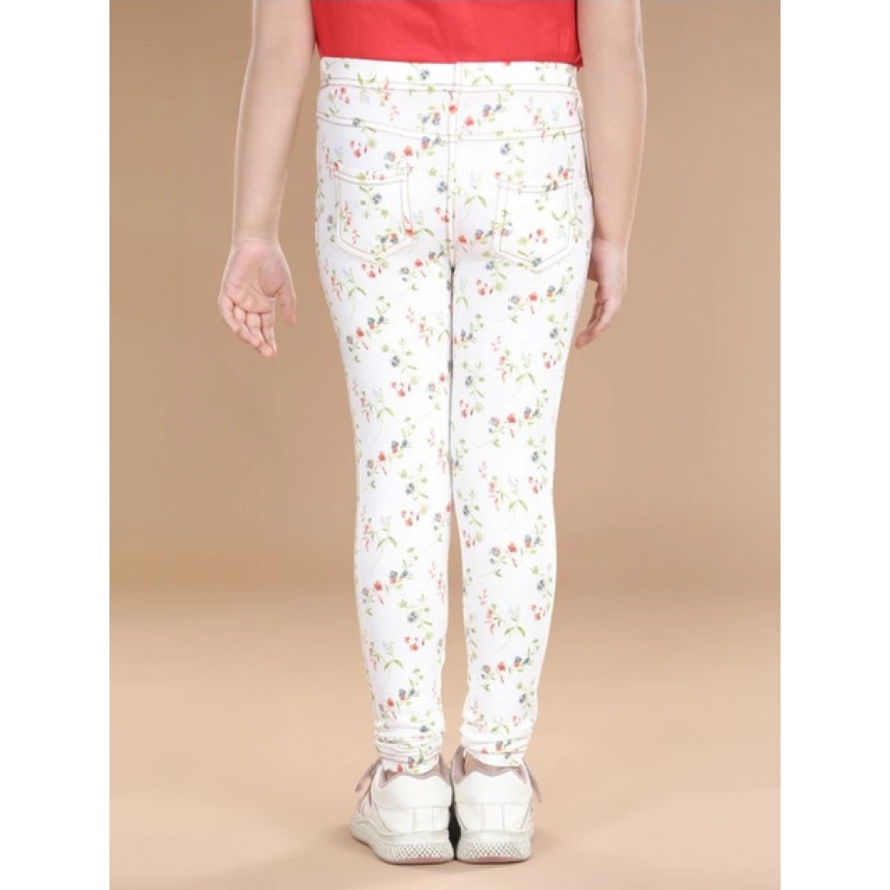 Girl's Cotton Lycra Floral Elasticated Jeggings (White-Green) - Image 3