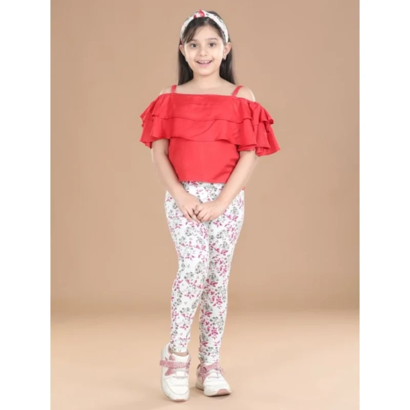 Girl's Cotton Lycra Floral Elasticated Jeggings (White-Pink)