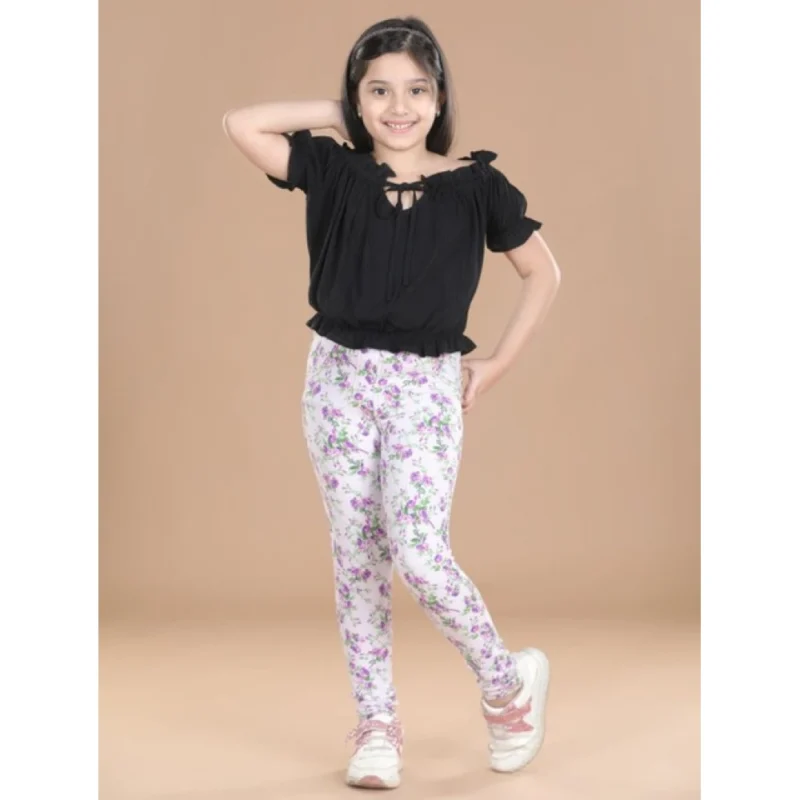 Girl's Cotton Lycra Floral Elasticated Jeggings (Lavender)