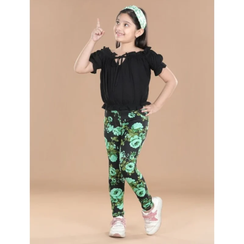 Girl's Cotton Lycra Floral Elasticated Jeggings (Black-Green)