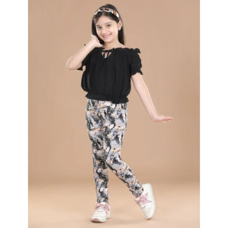 Girl's Cotton Lycra Floral Elasticated Jeggings (Multicolor)