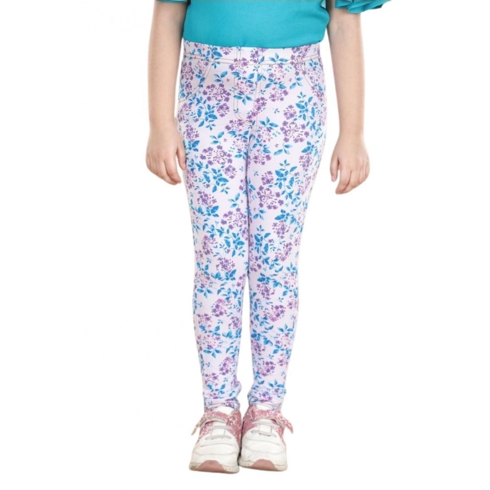 Girl's Cotton Lycra Floral Elasticated Jeggings (White-Turquoise Blue) - Image 5