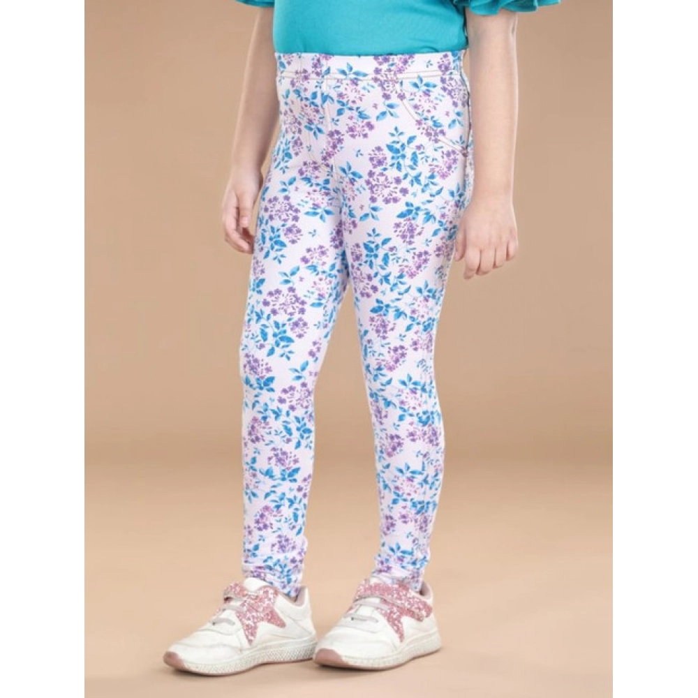 Girl's Cotton Lycra Floral Elasticated Jeggings (White-Turquoise Blue) - Image 4