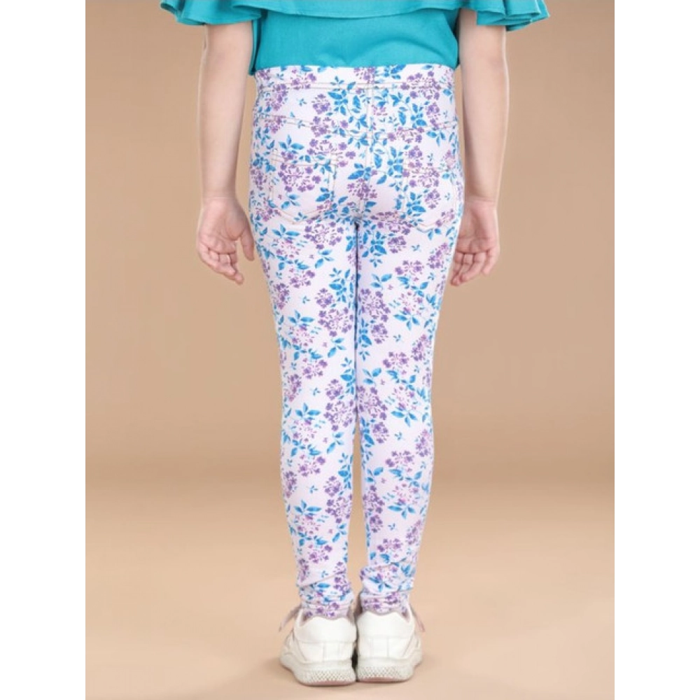 Girl's Cotton Lycra Floral Elasticated Jeggings (White-Turquoise Blue) - Image 3