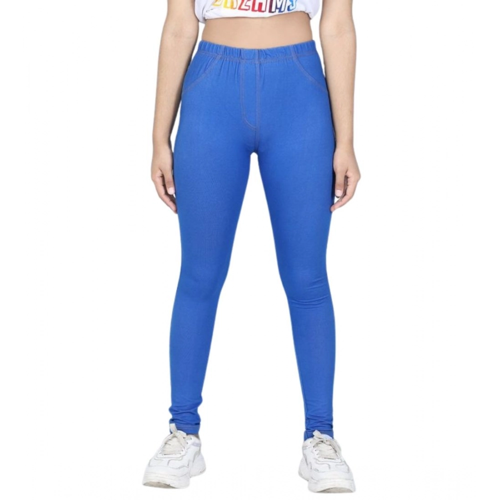 Girl's Cotton Lycra Solid Elasticated Jeggings (Blue) - Image 5