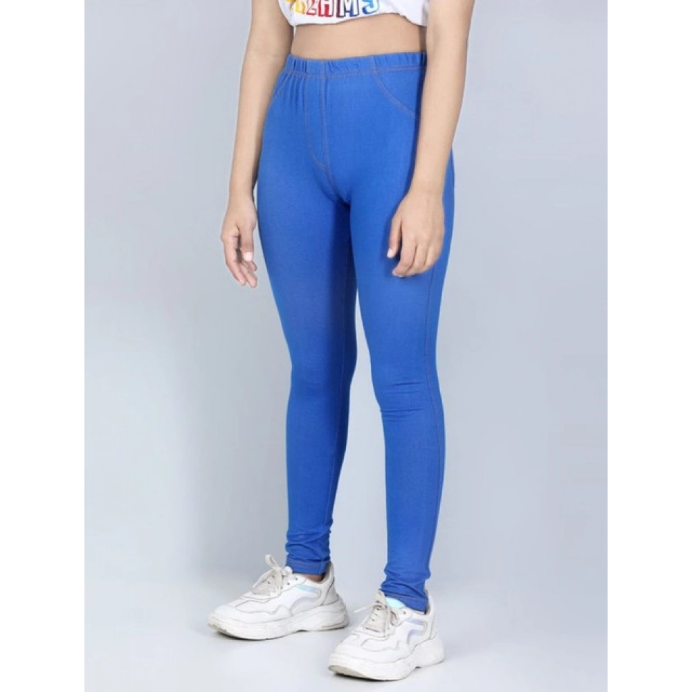Girl's Cotton Lycra Solid Elasticated Jeggings (Blue) - Image 4