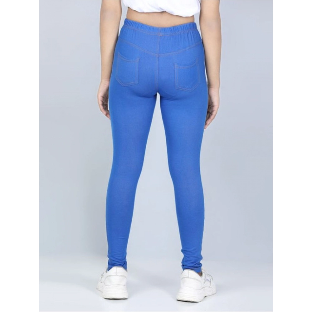Girl's Cotton Lycra Solid Elasticated Jeggings (Blue) - Image 3