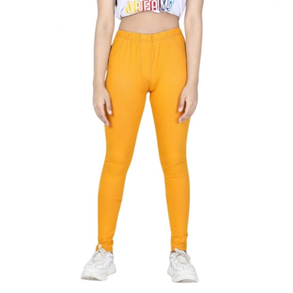 Girl's Cotton Lycra Solid Elasticated Jeggings (Mustard) - Image 5