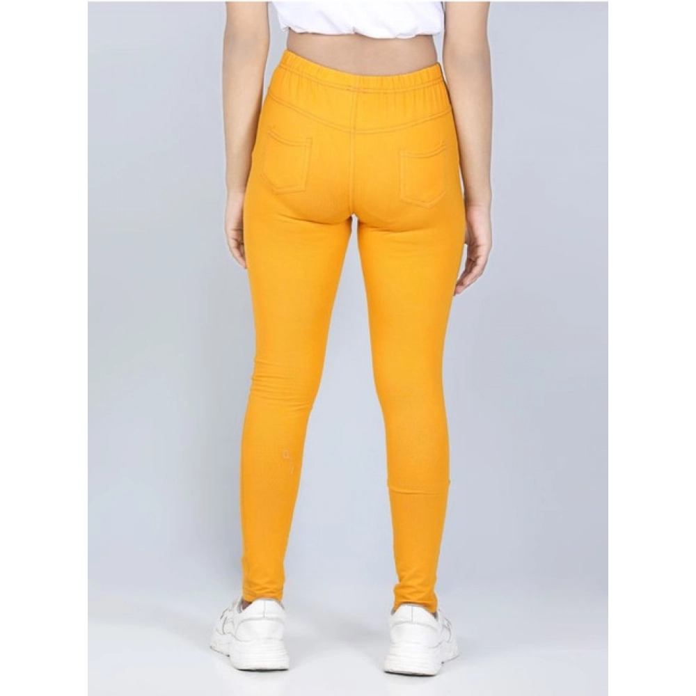 Girl's Cotton Lycra Solid Elasticated Jeggings (Mustard) - Image 4