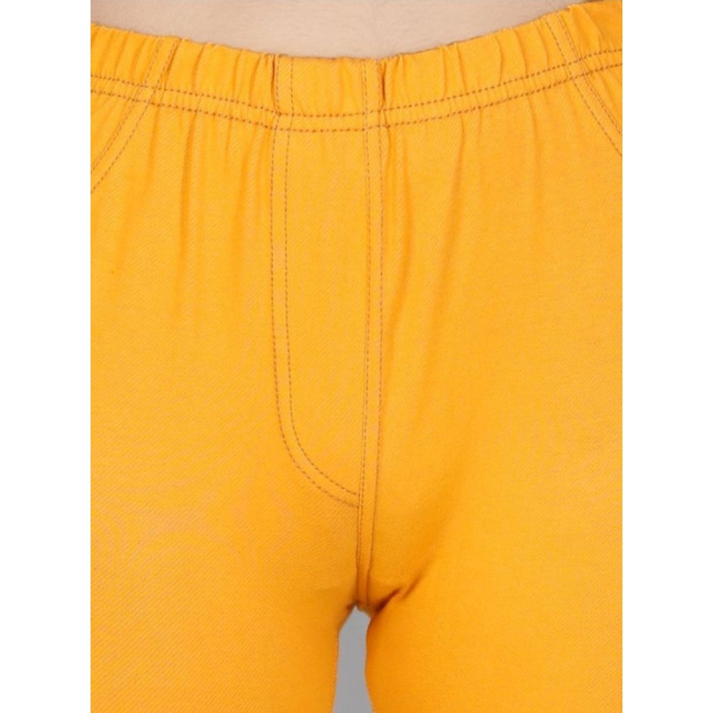 Girl's Cotton Lycra Solid Elasticated Jeggings (Mustard) - Image 3