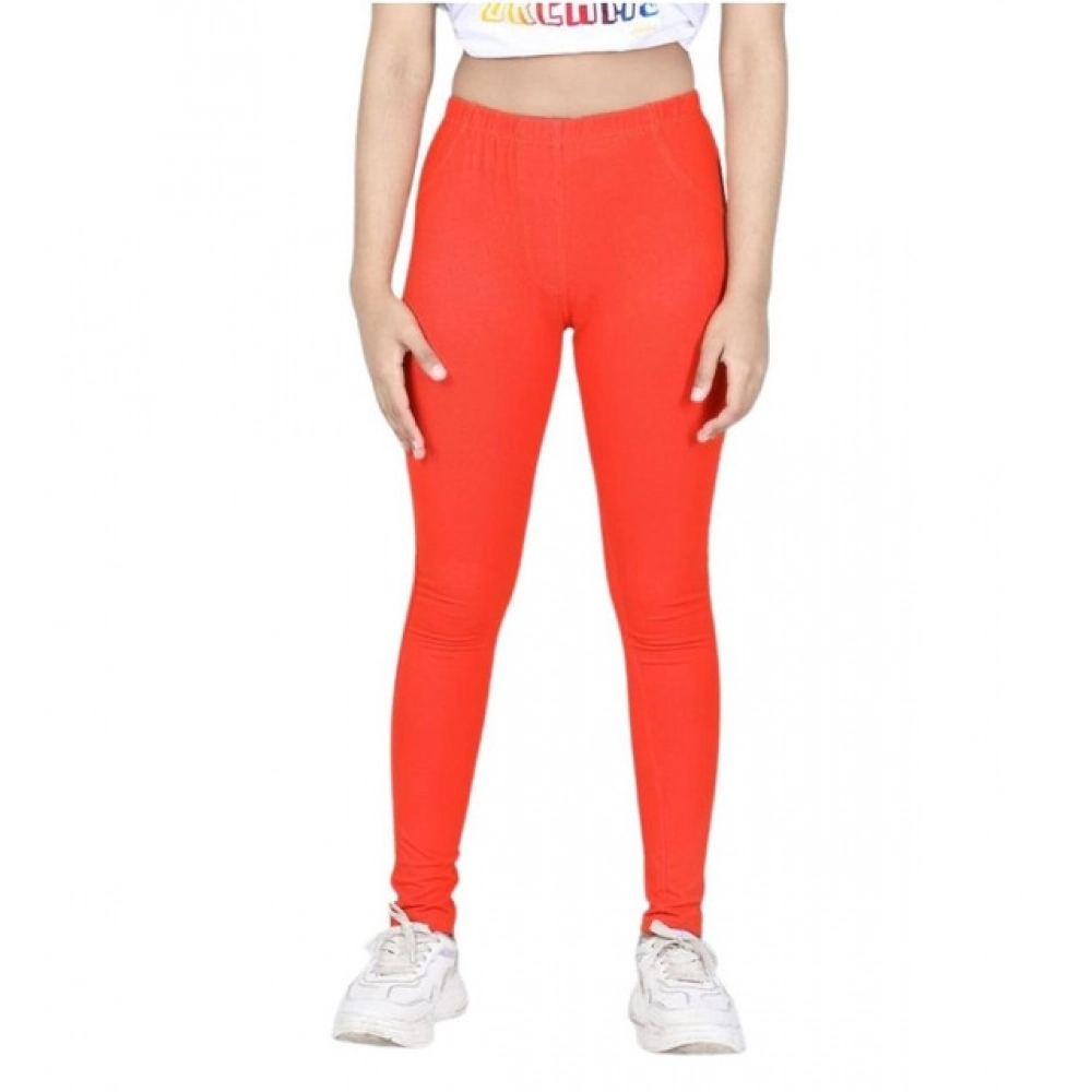 Girl's Cotton Lycra Solid Elasticated Jeggings (Orange) - Image 5