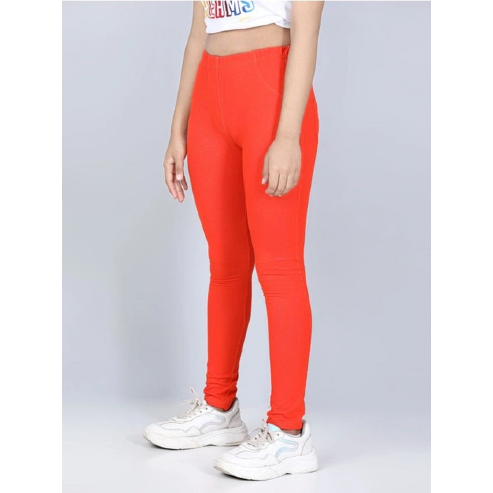 Girl's Cotton Lycra Solid Elasticated Jeggings (Orange) - Image 4