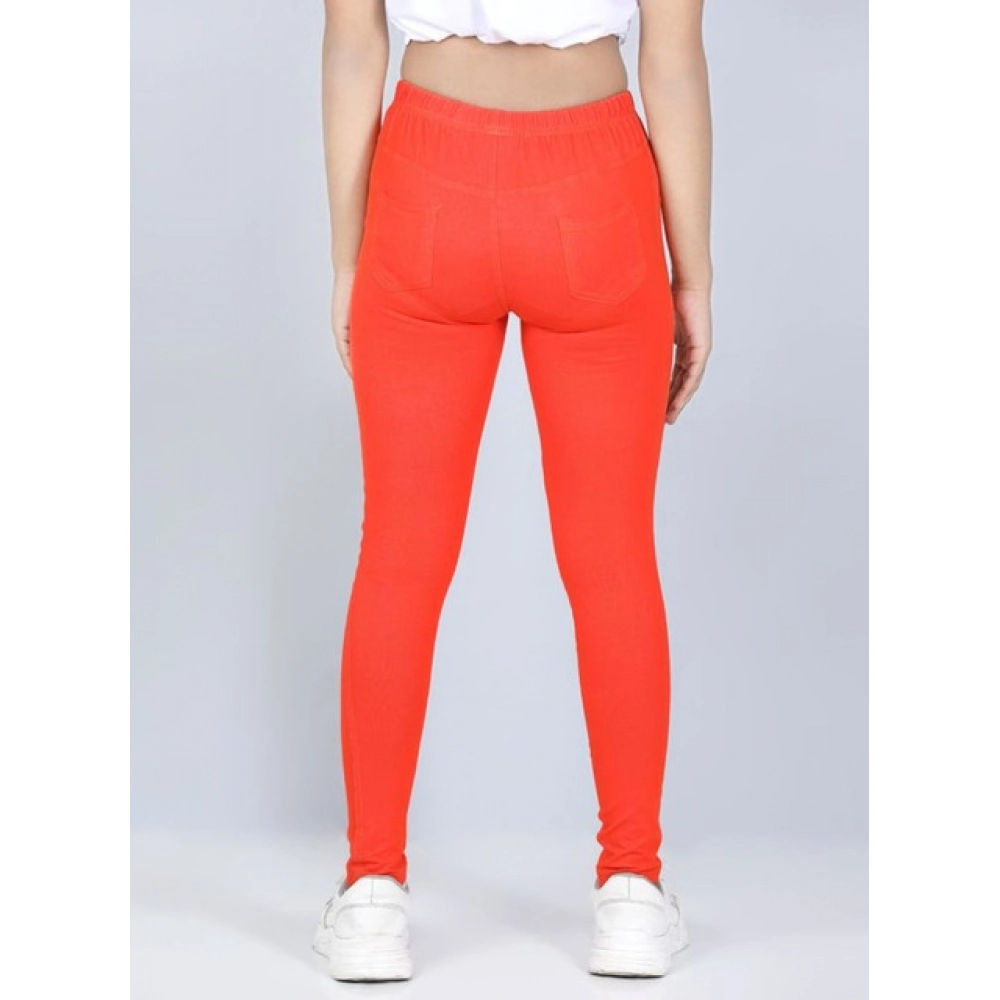 Girl's Cotton Lycra Solid Elasticated Jeggings (Orange) - Image 3