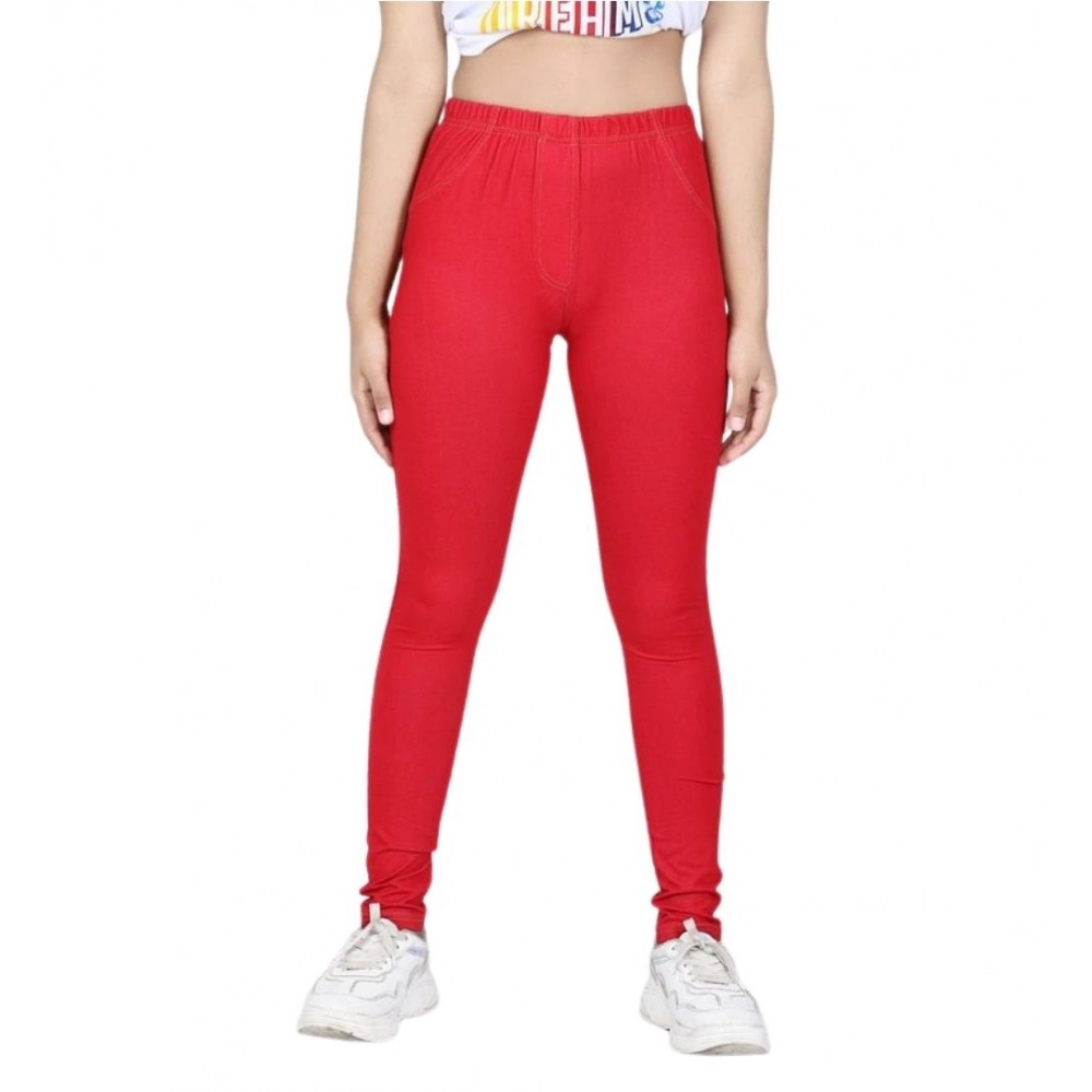 Girl's Cotton Lycra Solid Elasticated Jeggings (Red) - Image 5