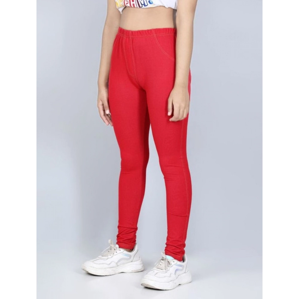 Girl's Cotton Lycra Solid Elasticated Jeggings (Red) - Image 4