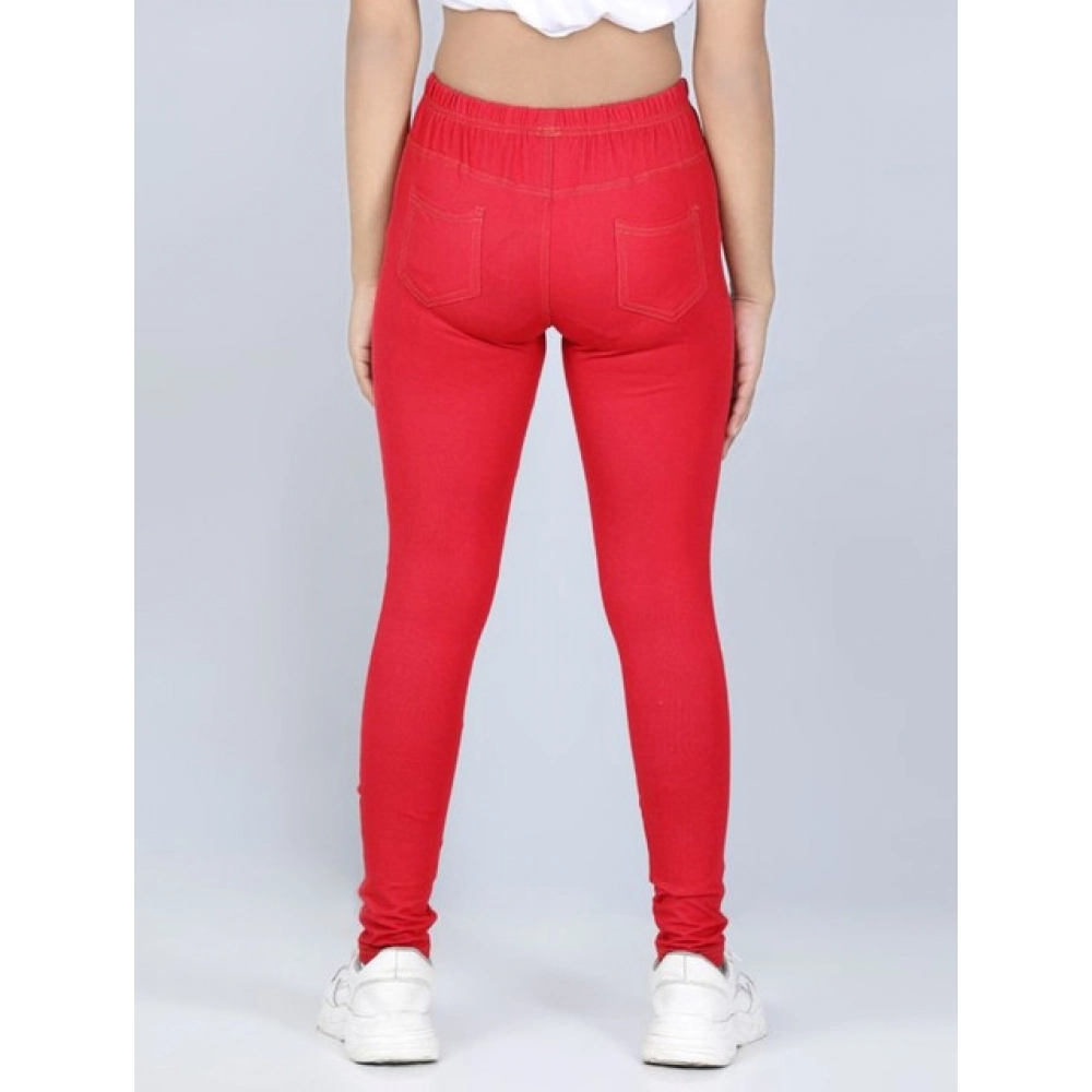 Girl's Cotton Lycra Solid Elasticated Jeggings (Red) - Image 3