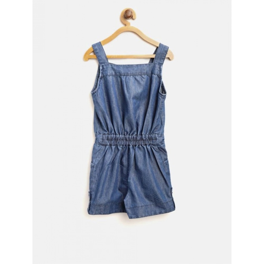Girl's Denim Embroidered Sleeveless Jumpsuit (Blue) - Image 4