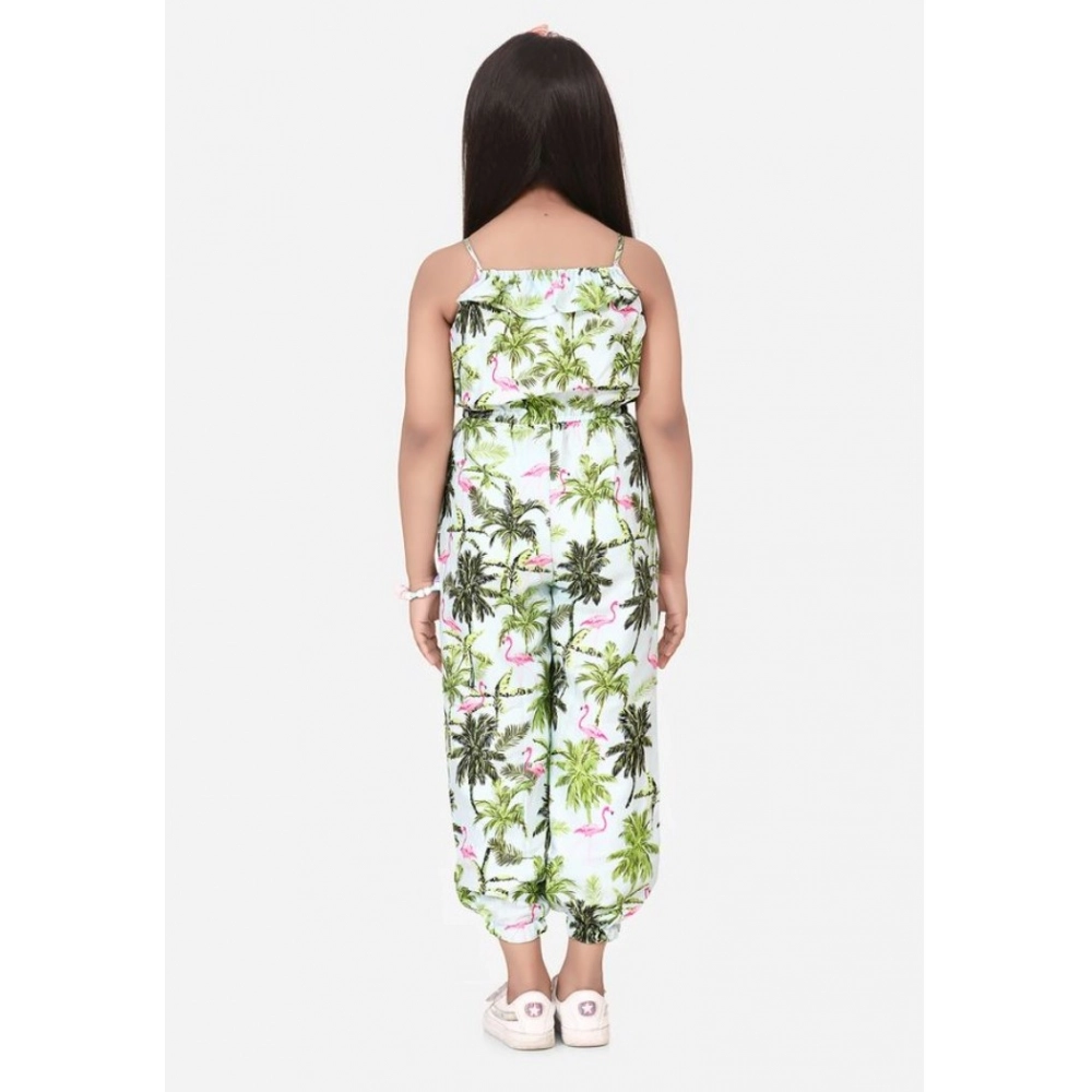 Girl's Denim Embroidered Sleeveless Jumpsuit (White-Green) - Image 3
