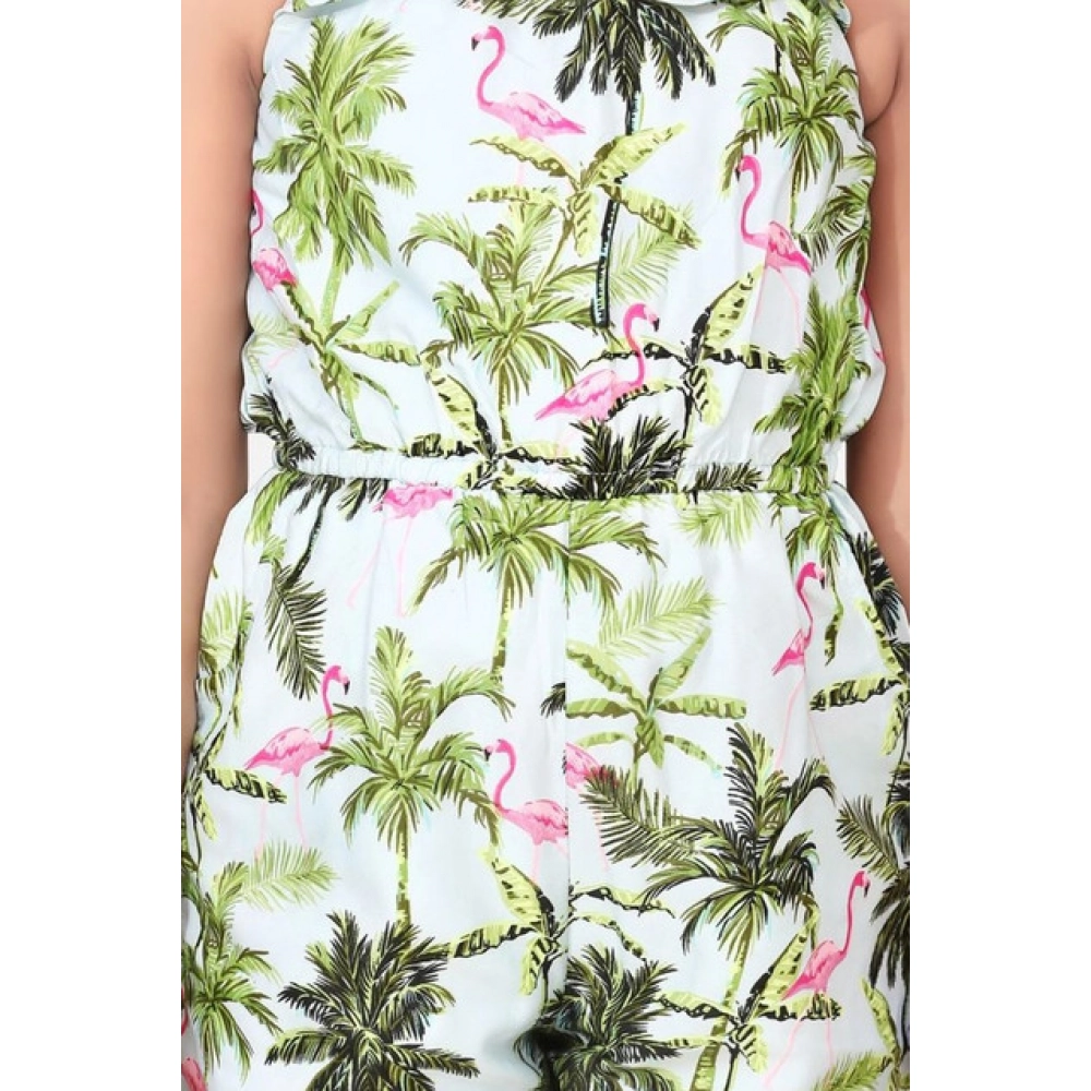 Girl's Denim Embroidered Sleeveless Jumpsuit (White-Green) - Image 4