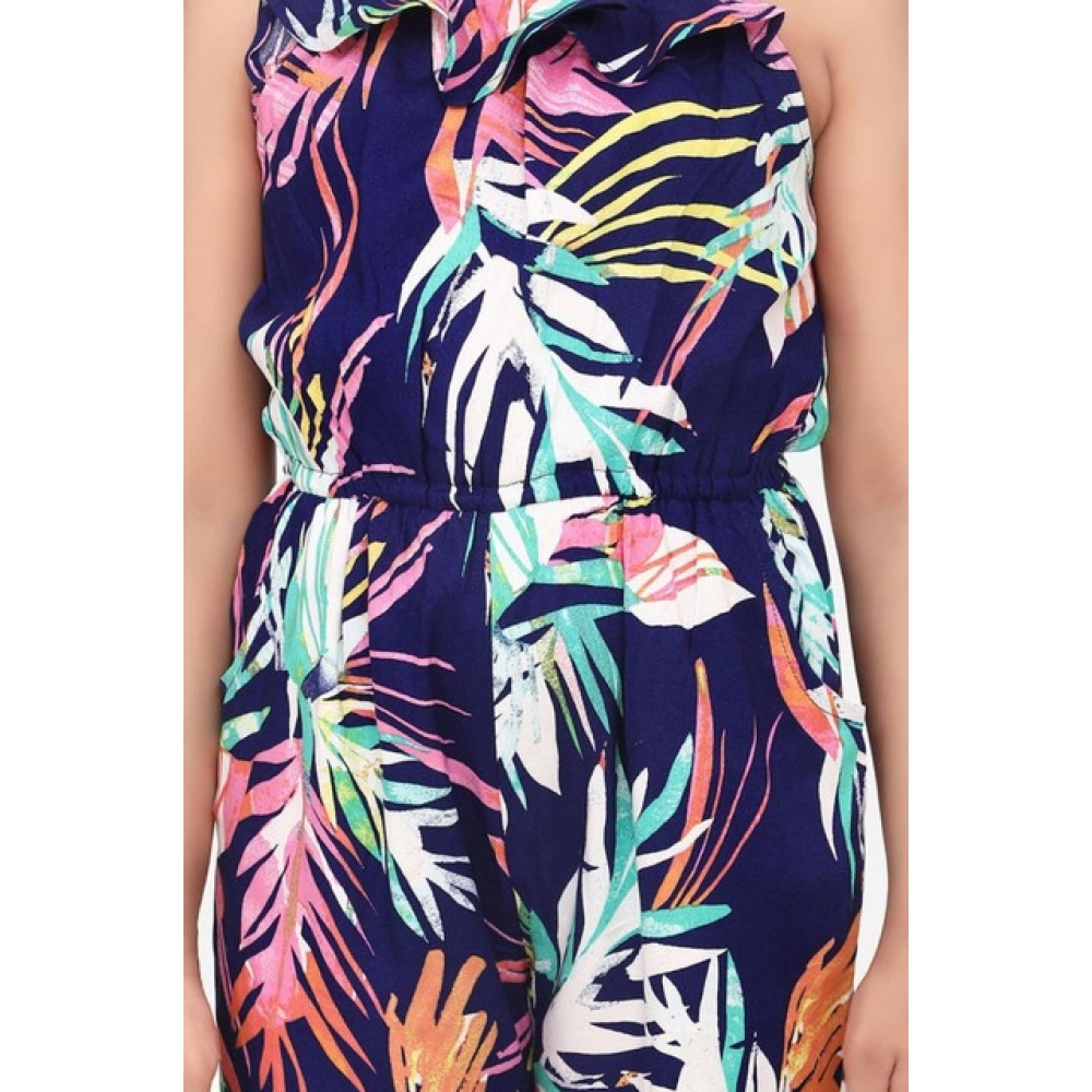 Girl's Rayon Printed Sleeveless Jumpsuit (Blue-Multicolor) - Image 4