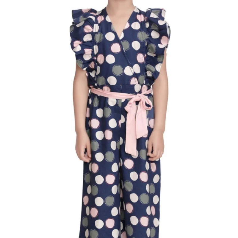 Girl's Rayon Polka Flutter Jumpsuit (Multicolor)