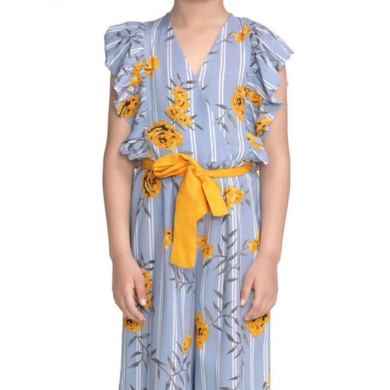 Girl's Rayon Floral Flutter Jumpsuit (Blue-Yellow)