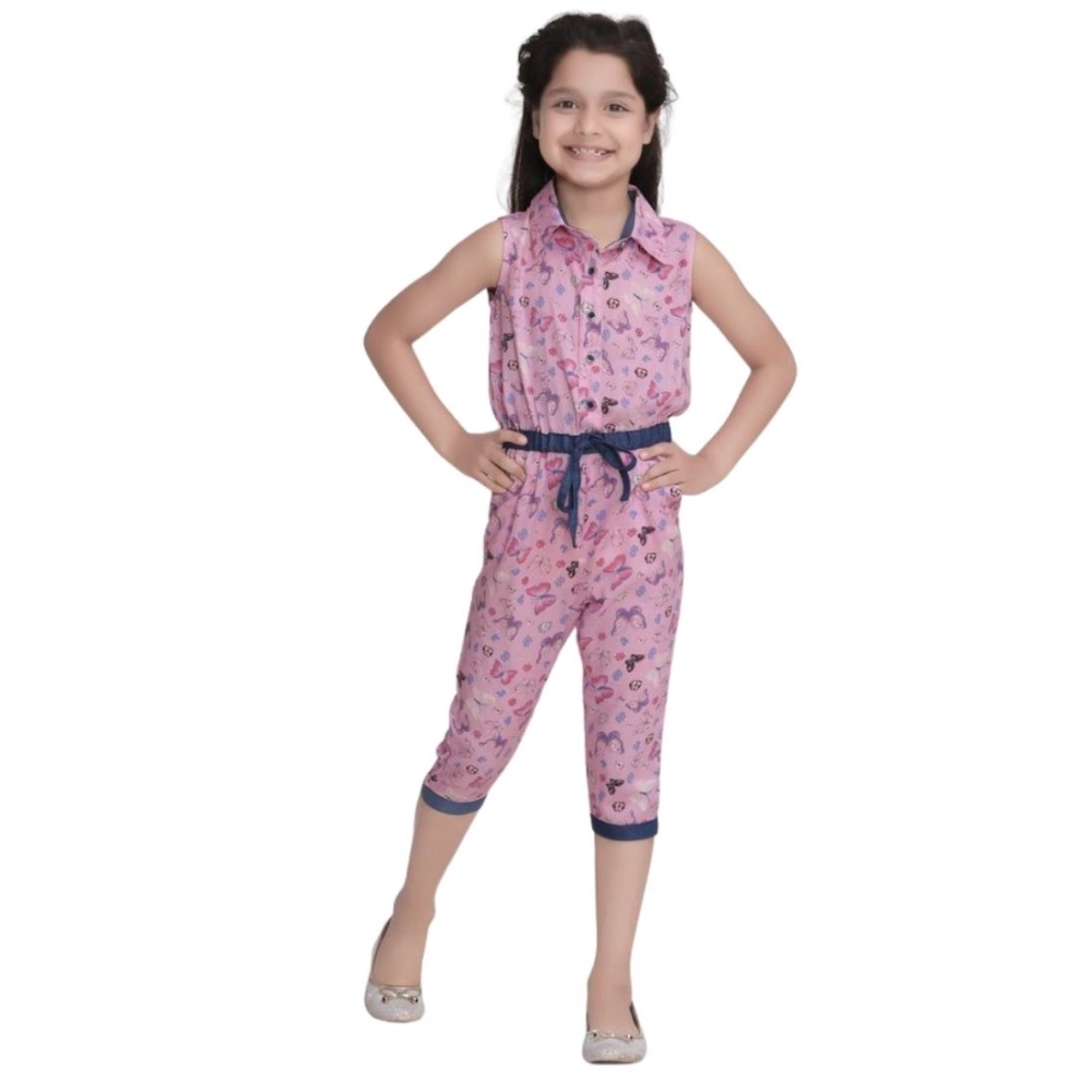 Girl's Cotton Printed Sleeveless Jumpsuit (Pink) - Image 5