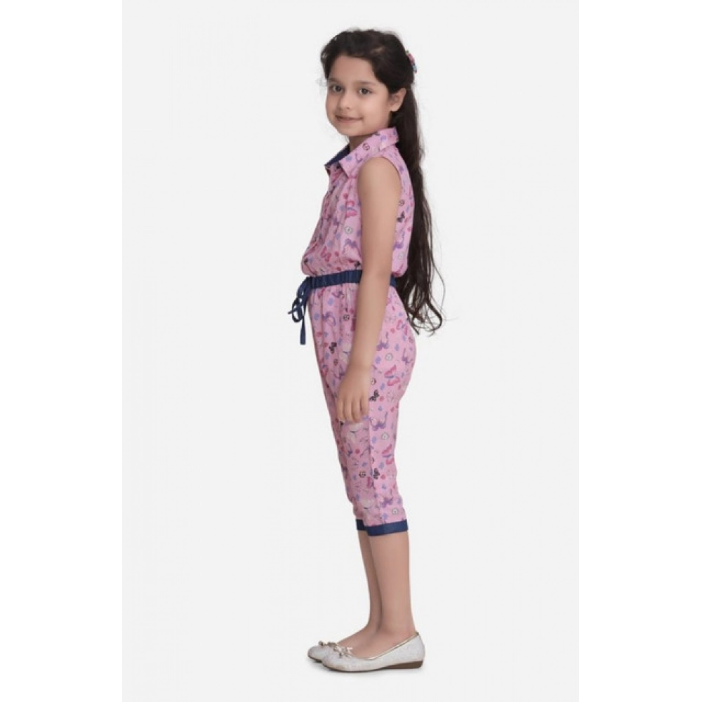 Girl's Cotton Printed Sleeveless Jumpsuit (Pink) - Image 3